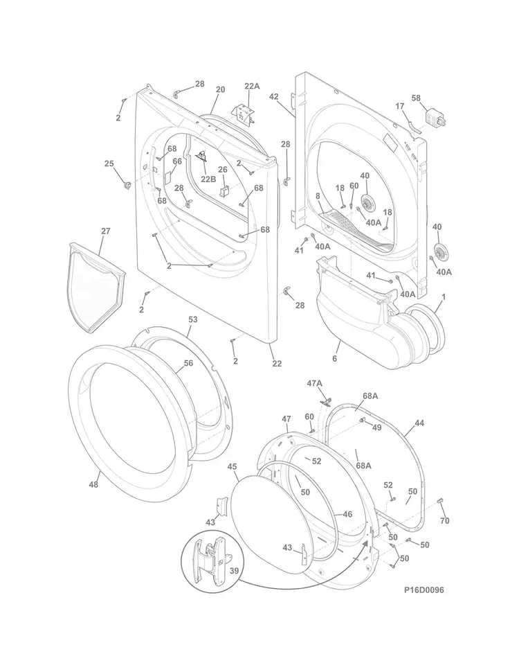 Front Panel/lint Filter Diagram and Parts List for FFQE5100PW1  Frigidaire Dryer