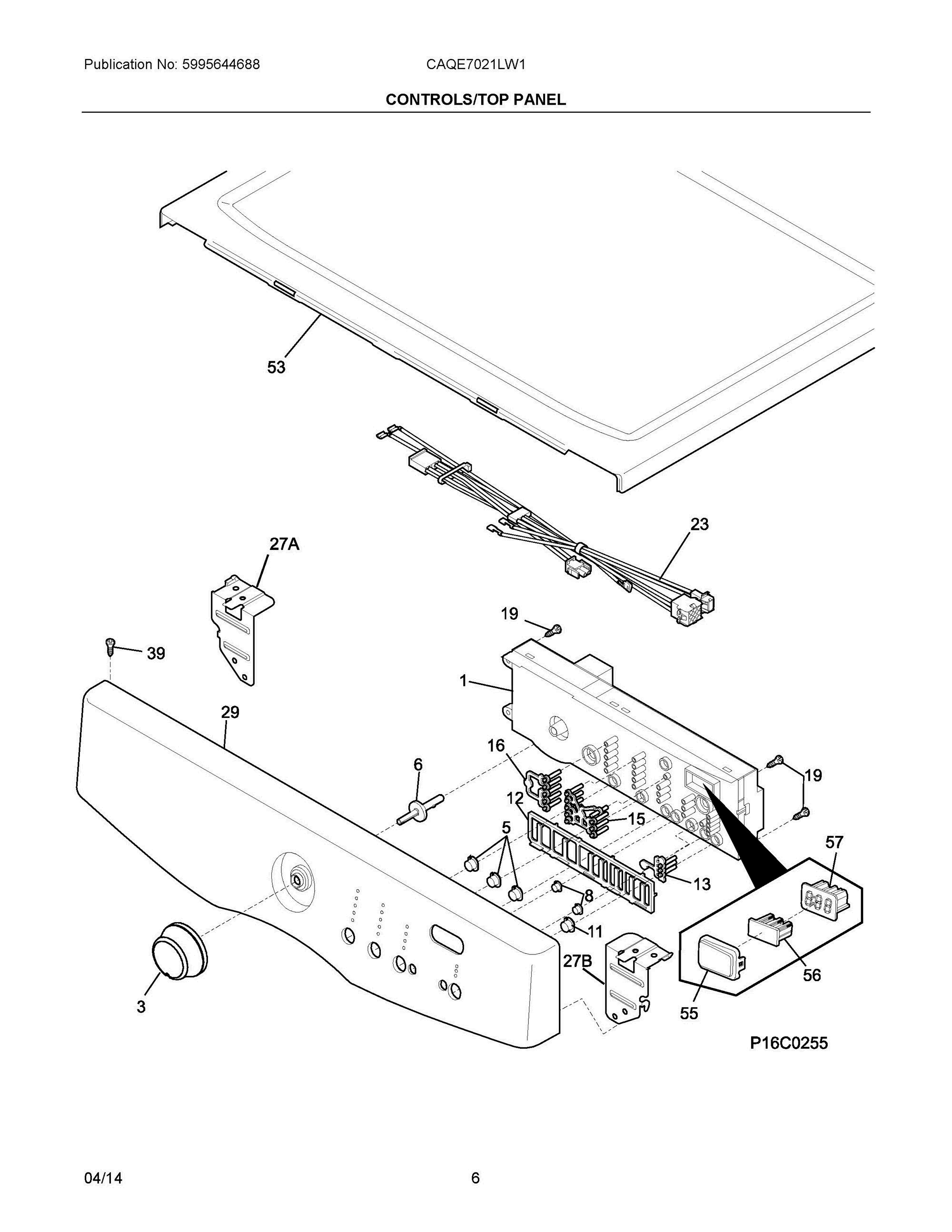 04 - CONTROLS/TOP PANEL Diagram and Parts List for CAQE7021LW1  Frigidaire Dryer