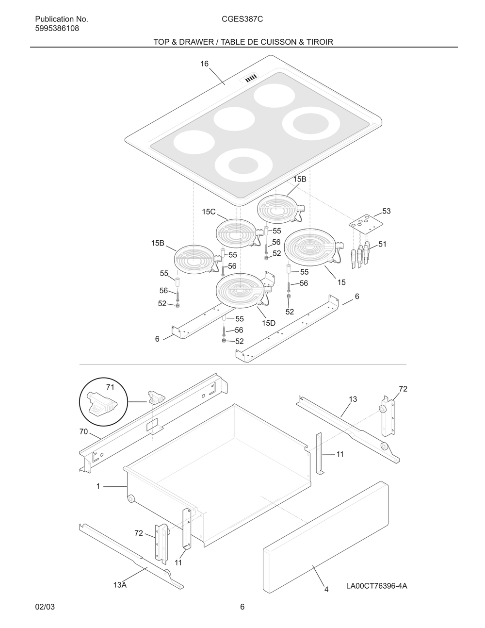 Top And Drawer / Table De Cuisson And Tiroir Diagram and Parts List for CGES387CB1  Frigidaire Range