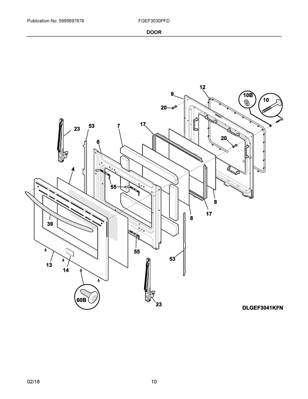 Door Diagram and Parts List for FGEF3030PFD  Frigidaire Range