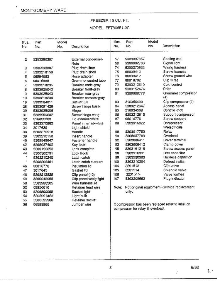 Freezer 15 Cu. Ft. Page 2 Diagram and Parts List for 86851-0D  Frigidaire Freezer