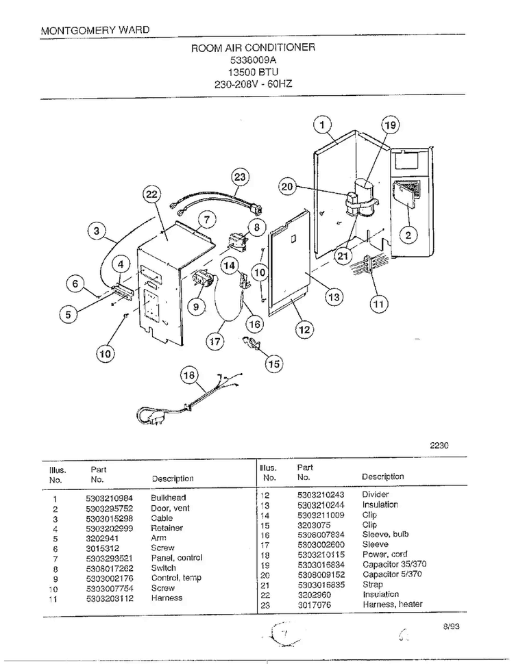 Room Air Conditioner Page 4 Diagram and Parts List for 4338009A  Frigidaire Air Conditioner