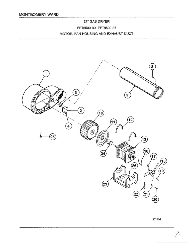 Motor/fan Housing And Exhaust Duct Diagram and Parts List for 8599-87  Frigidaire Dryer