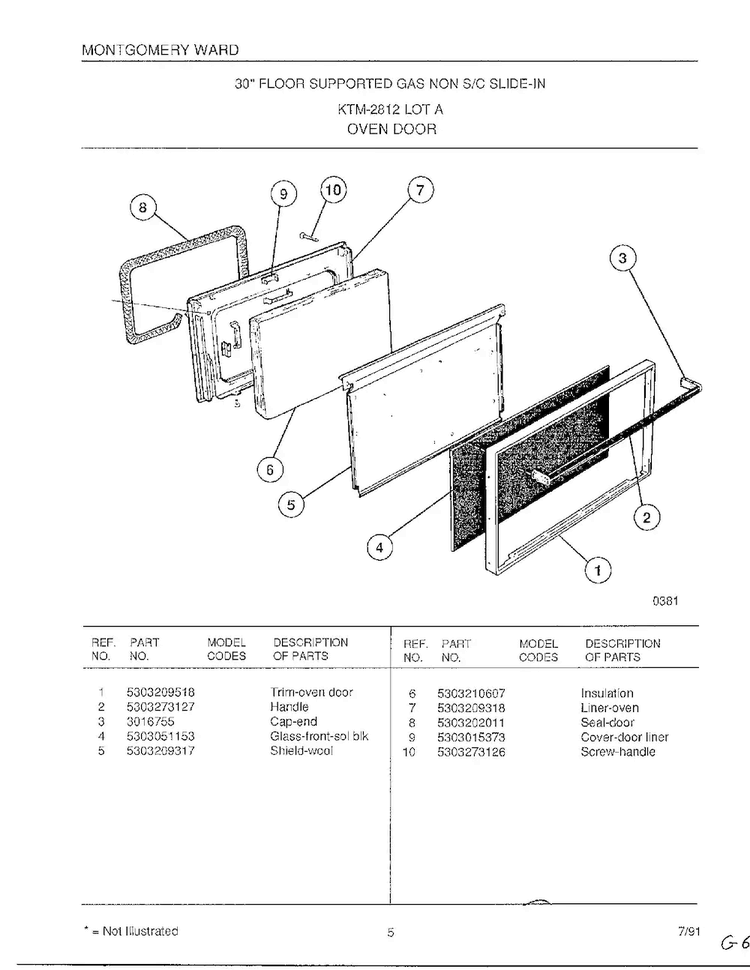 Oven Door Diagram and Parts List for 2812A  Frigidaire Range