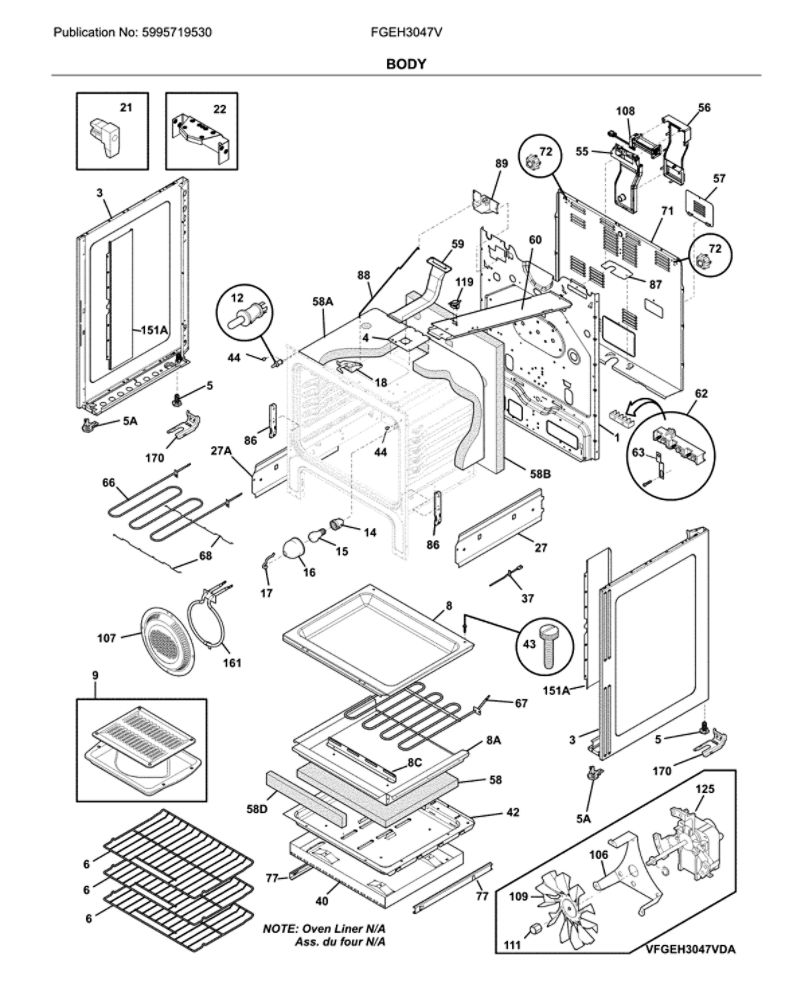 Body Diagram and Parts List for FGEH3047VDB  Frigidaire Range