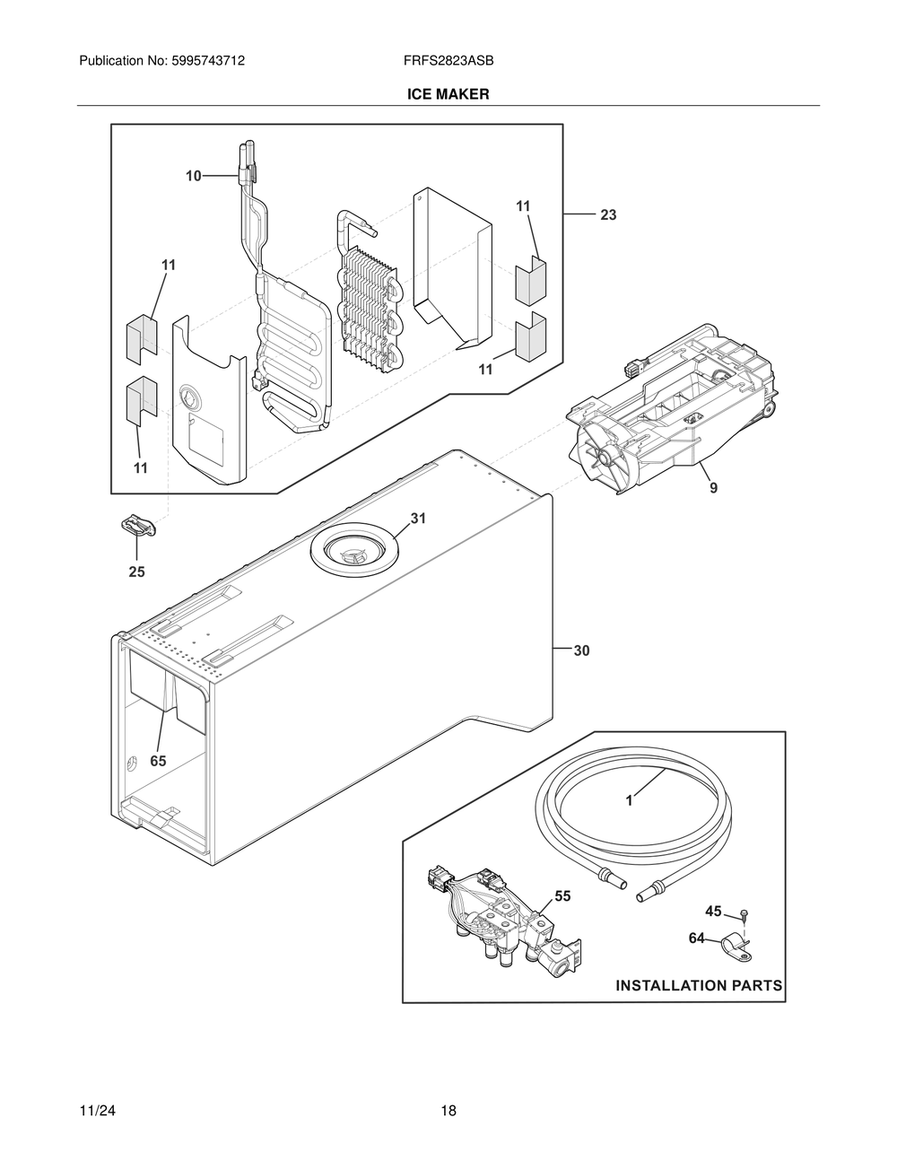 Ice Maker Diagram and Parts List for FRFS2823ASB  Frigidaire Refrigerator