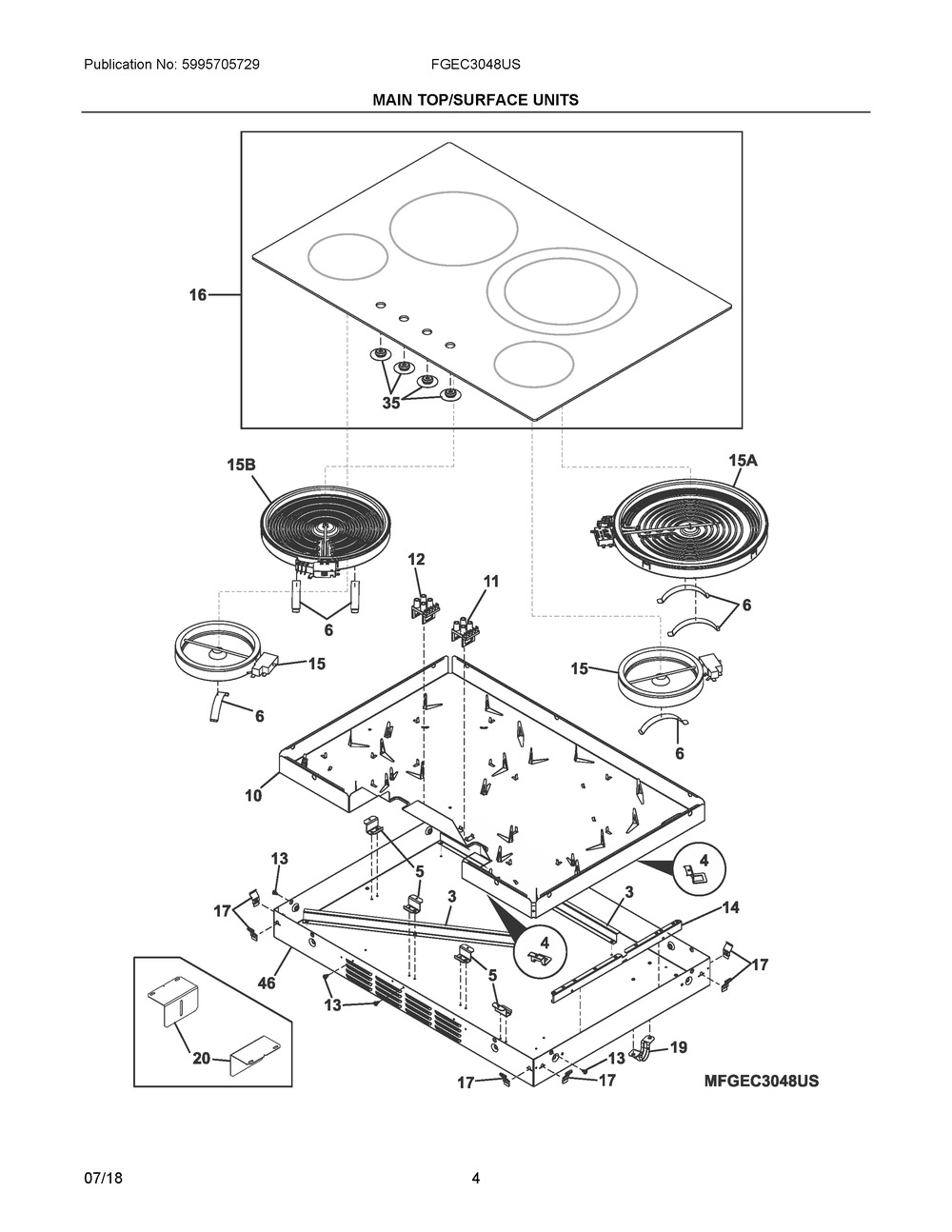 Main Top/surface Units Diagram and Parts List for FGEC3048US  Frigidaire Cooktop