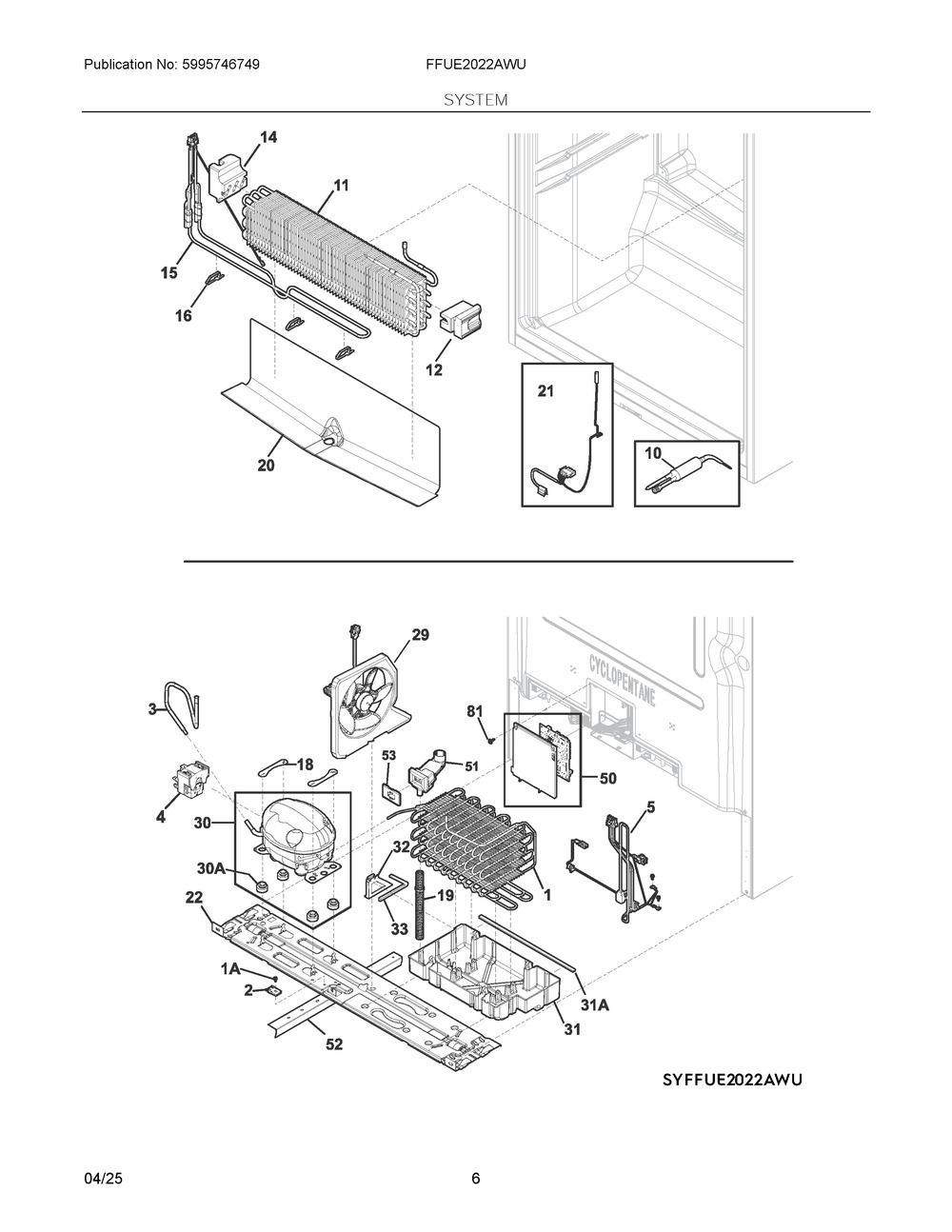 System Diagram and Parts List for FFUE2022AWU  Frigidaire Freezer
