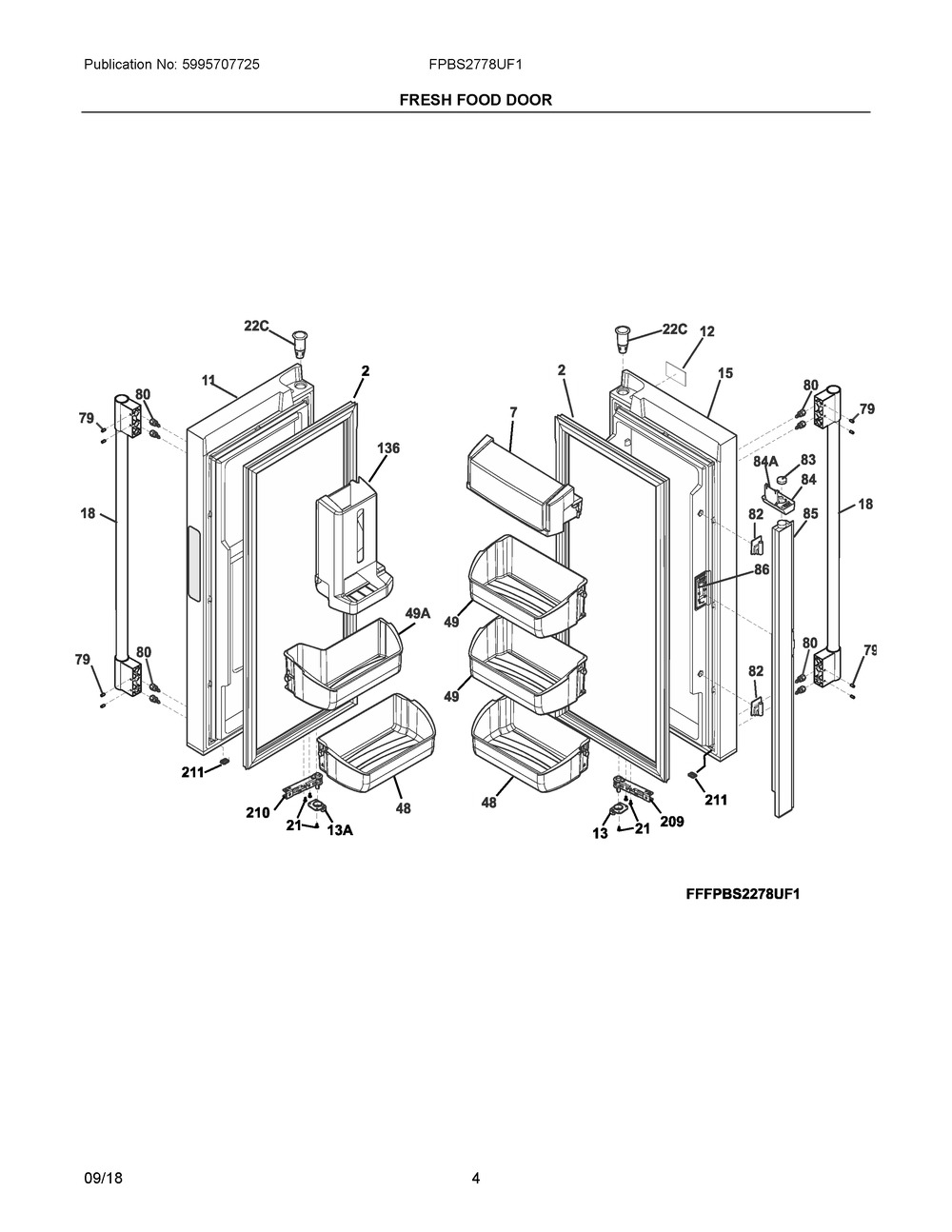 Fresh Food Door Diagram and Parts List for FPBS2778UF1  Frigidaire Refrigerator