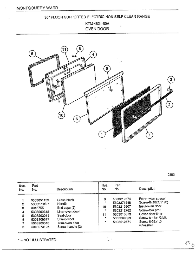 Oven Door Diagram and Parts List for 4821-80A  Frigidaire Range