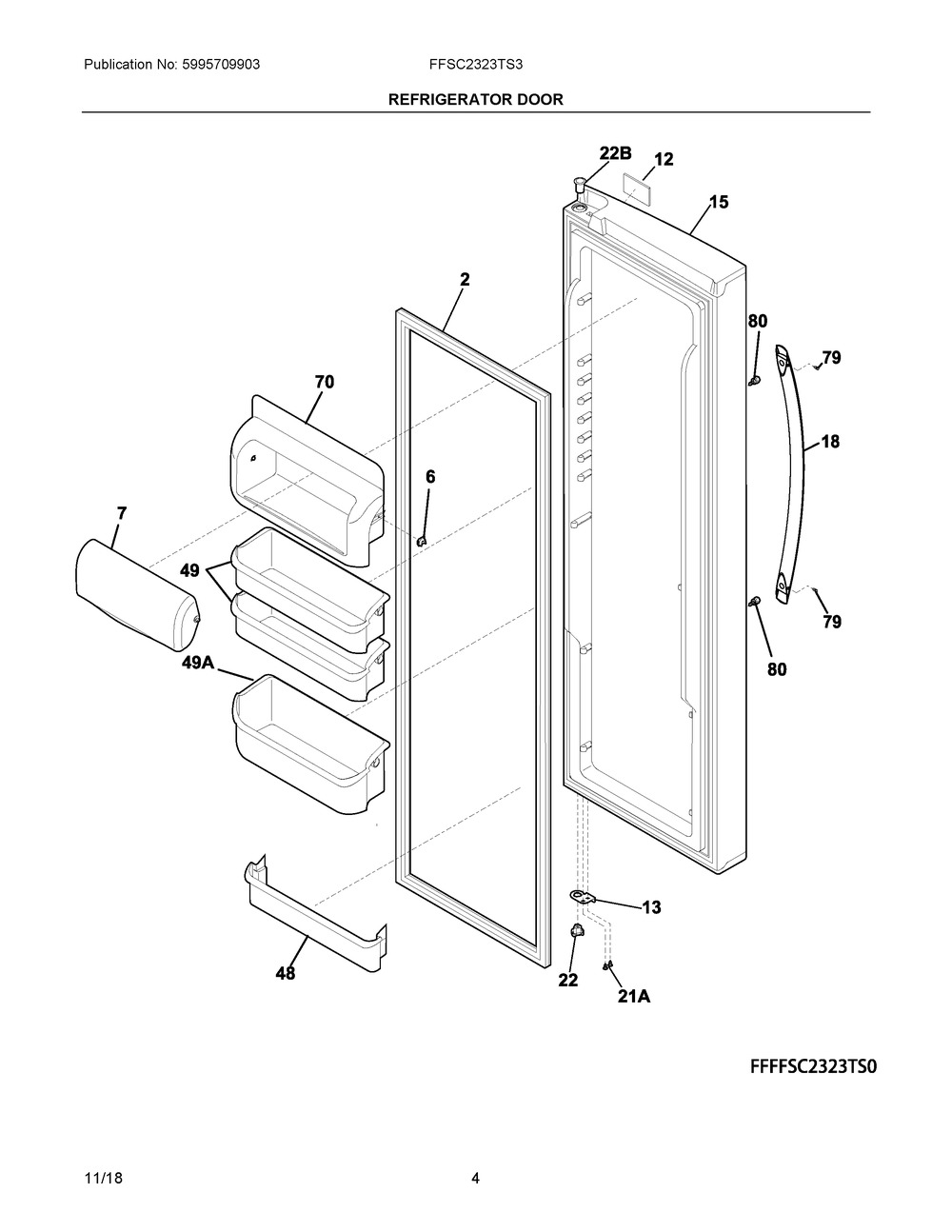 Refrigerator Door Diagram and Parts List for FFSC2323TS3  Frigidaire Refrigerator