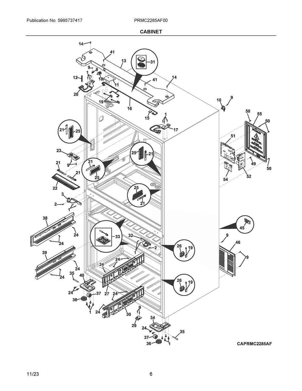 Cabinet Diagram and Parts List for PRMC2285AF00  Frigidaire Refrigerator