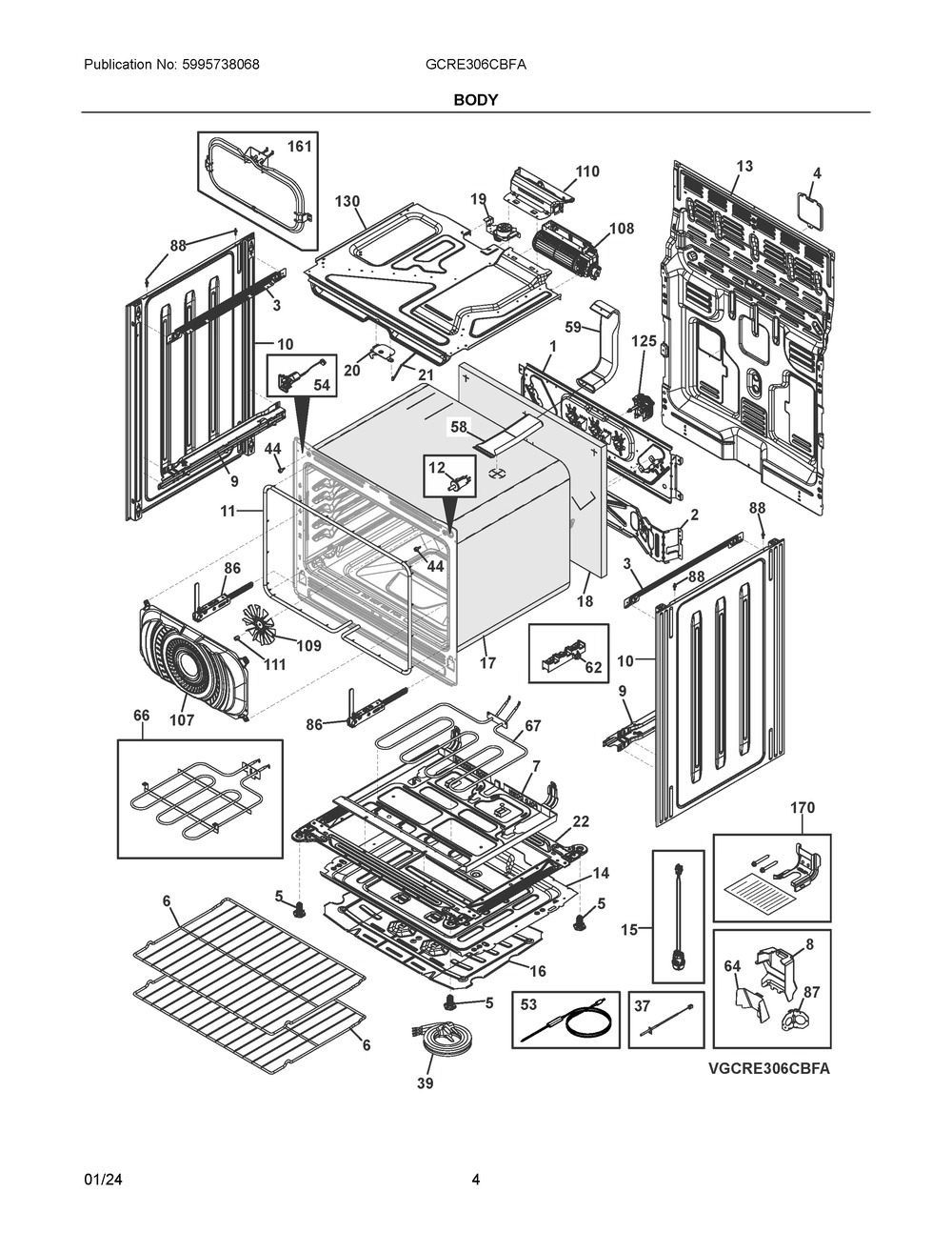 Body Diagram and Parts List for GCRE306CBFA  Frigidaire Range