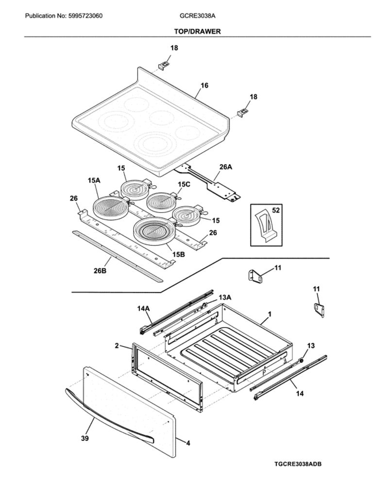 Top/Drawer Diagram and Parts List for GCRE3038ADC  Frigidaire Range