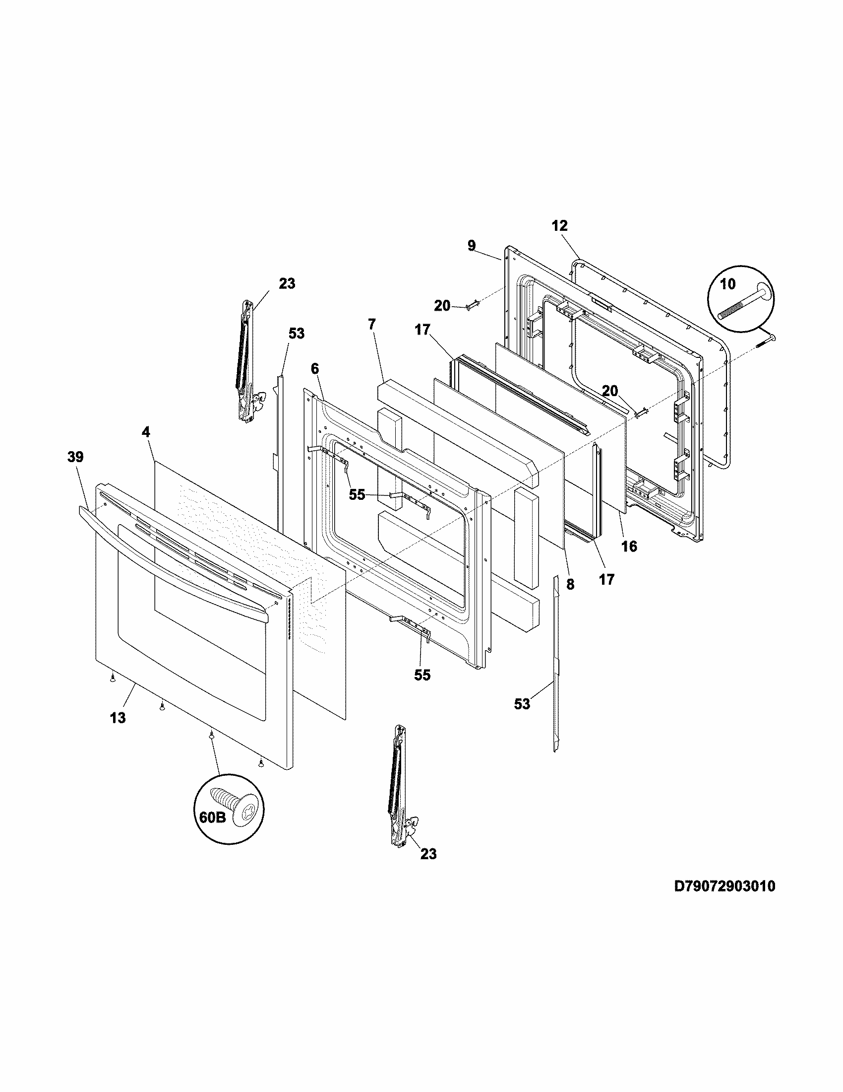 Door Diagram and Parts List for 79074133311  Kenmore Range