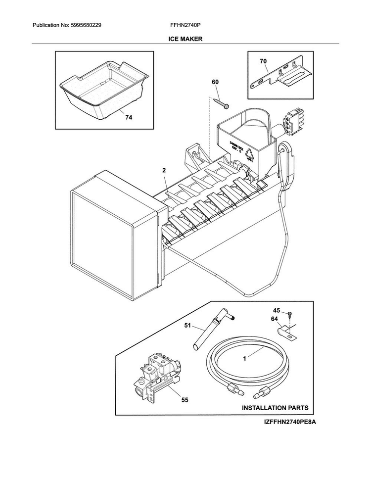 Ice Maker Diagram and Parts List for FFHN2740PSAA  Frigidaire Refrigerator