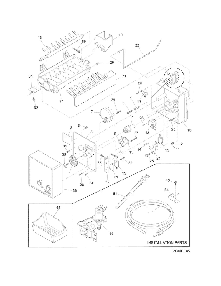 Ice Maker Diagram and Parts List for FPFU19F8RFA  Frigidaire Freezer