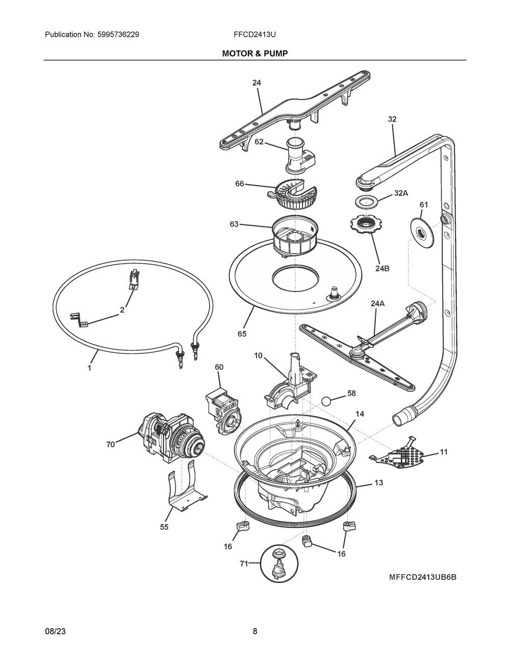 Motor And Pump Diagram and Parts List for FFCD2413US6B  Frigidaire Dishwasher