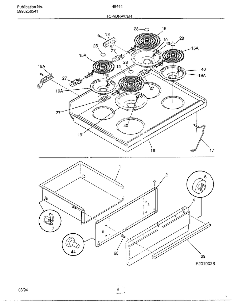 Top/drawer Diagram and Parts List for 484440A  Frigidaire Range
