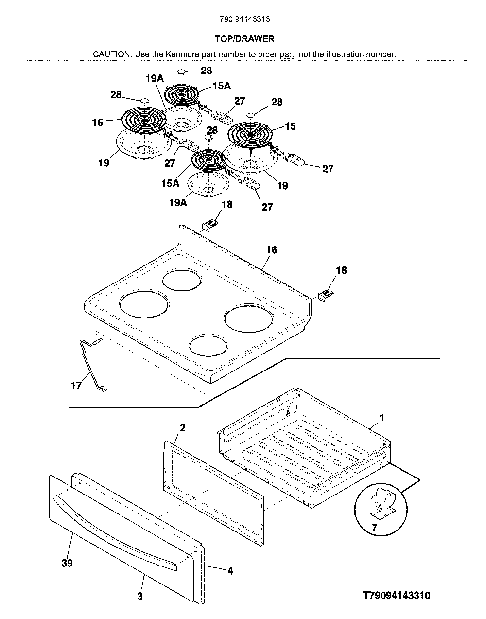 Top/drawer Diagram and Parts List for 79094143313  Kenmore Range