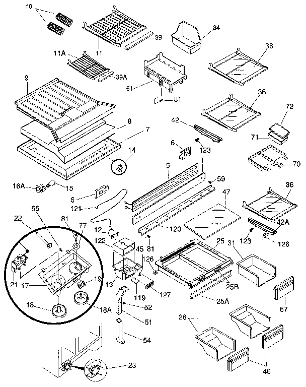 Refrigerator Cabinet Parts Diagram and Parts List for FRT22RHAW0 Z0 Frigidaire Refrigerator