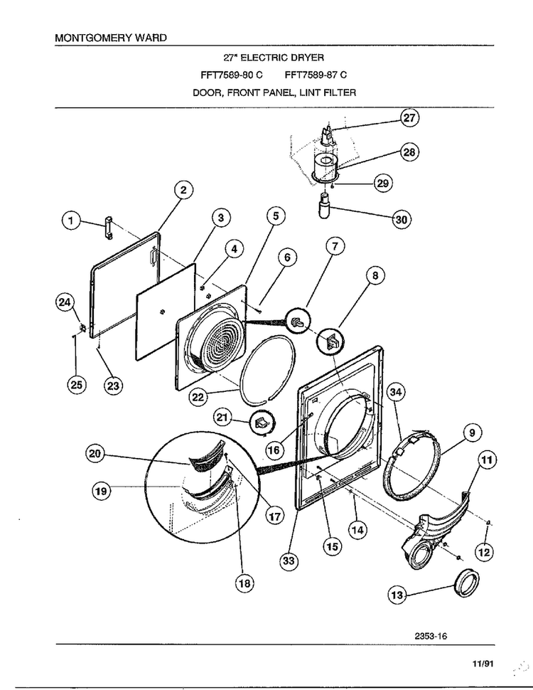 Door/front Panel/lint Filter Diagram and Parts List for 7589-80C  Frigidaire Dryer