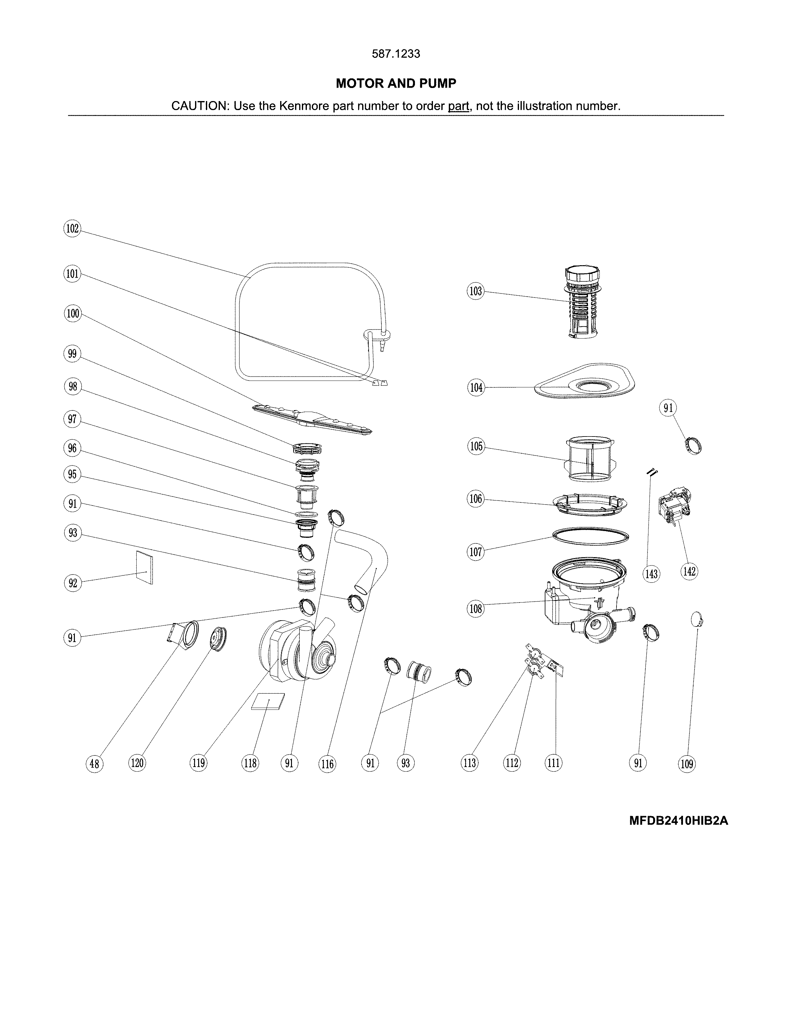Motor And Pump Diagram and Parts List for 58712339F01B  Kenmore Dishwasher