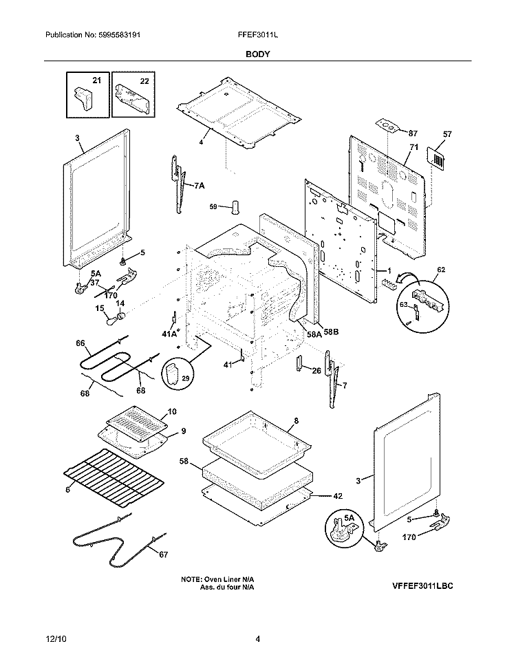 BODY Diagram and Parts List for FFEF3011LBC  Frigidaire Range