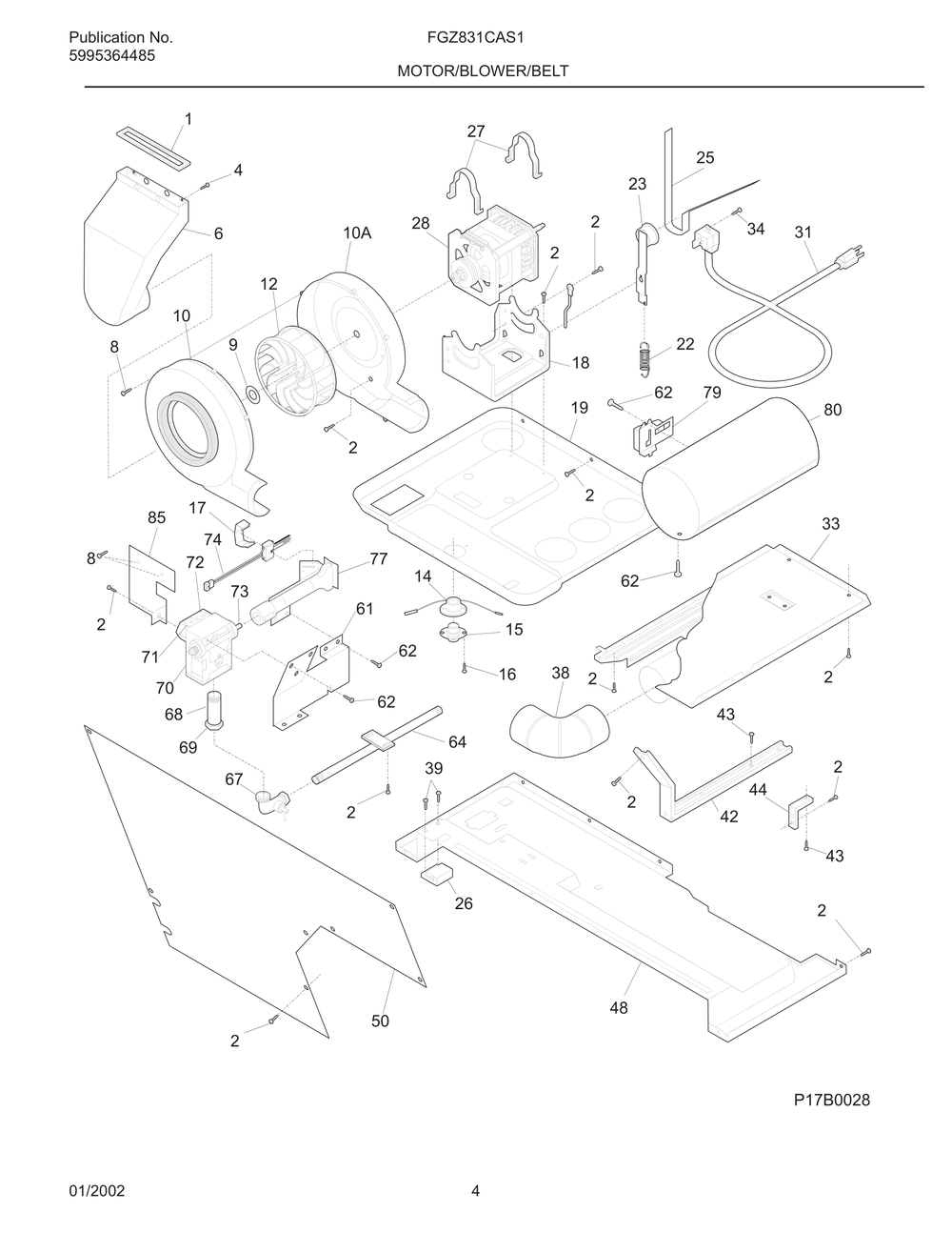 Motor/Blower/Belt Diagram and Parts List for FGZ831CAS1  Frigidaire Dryer