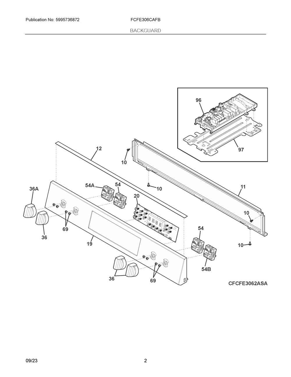 Backguard Diagram and Parts List for FCFE306CAFB  Frigidaire Range