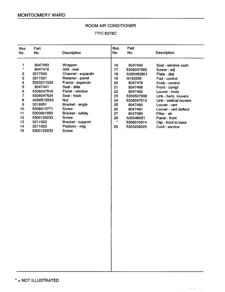 Room Air Conditioner Page 2 Diagram and Parts List for 5078C  Frigidaire Air Conditioner