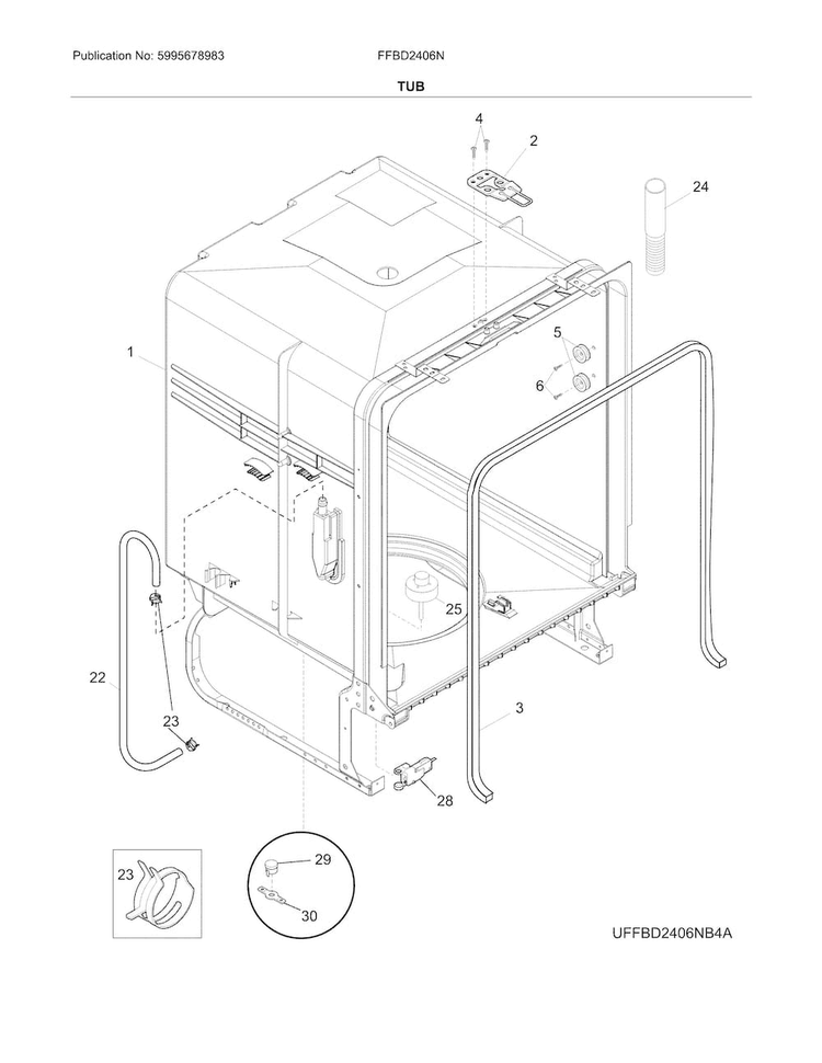 Tub Diagram and Parts List for FFBD2406NB9B  Frigidaire Dishwasher