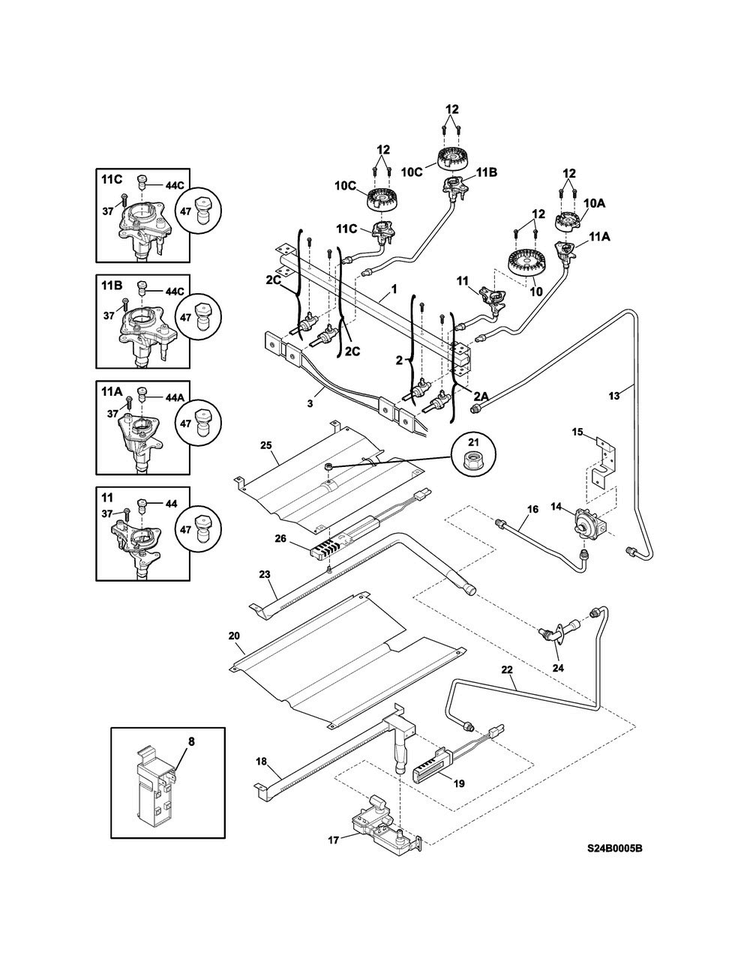 Burner Diagram and Parts List for FFGF3023LMF  Frigidaire Range