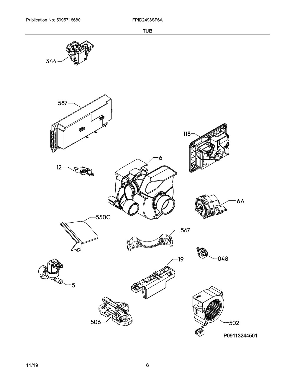 Tub Diagram and Parts List for FPID2498SF6A  Frigidaire Dishwasher
