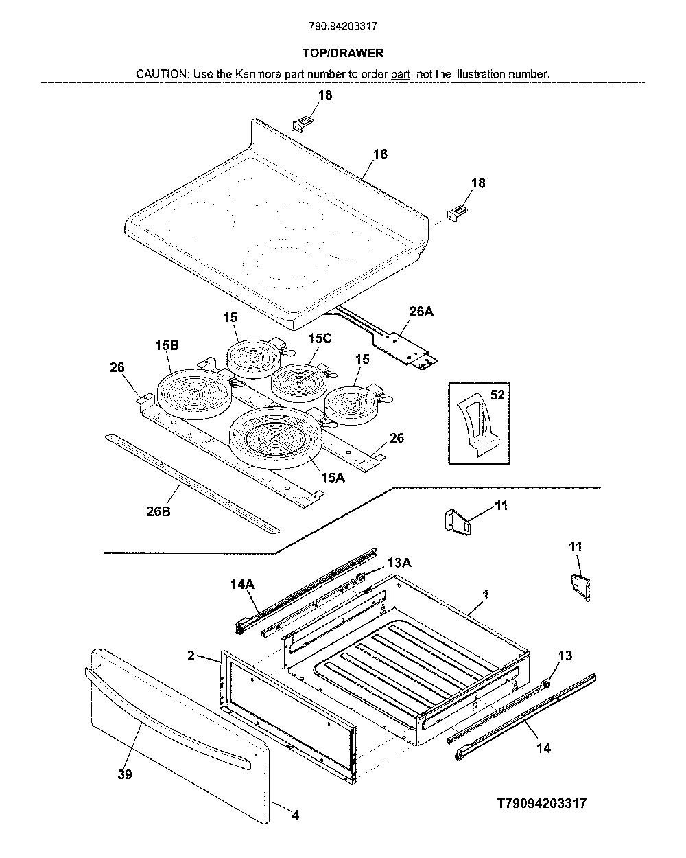 Top/drawer Diagram and Parts List for 79094203317  Kenmore Range