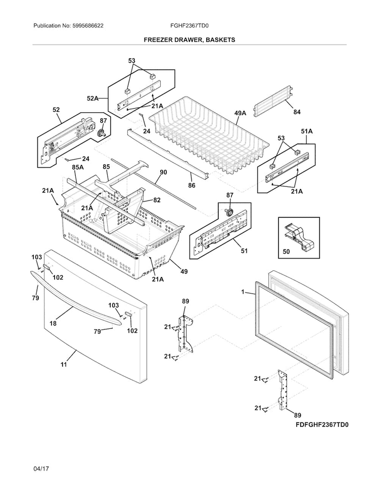 Freezer Drawer, Baskets Diagram and Parts List for FGHF2367TD0  Frigidaire Refrigerator