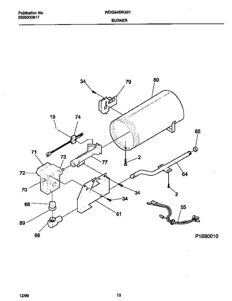 BURNER Diagram and Parts List for WDG546RGS1  Frigidaire Dryer