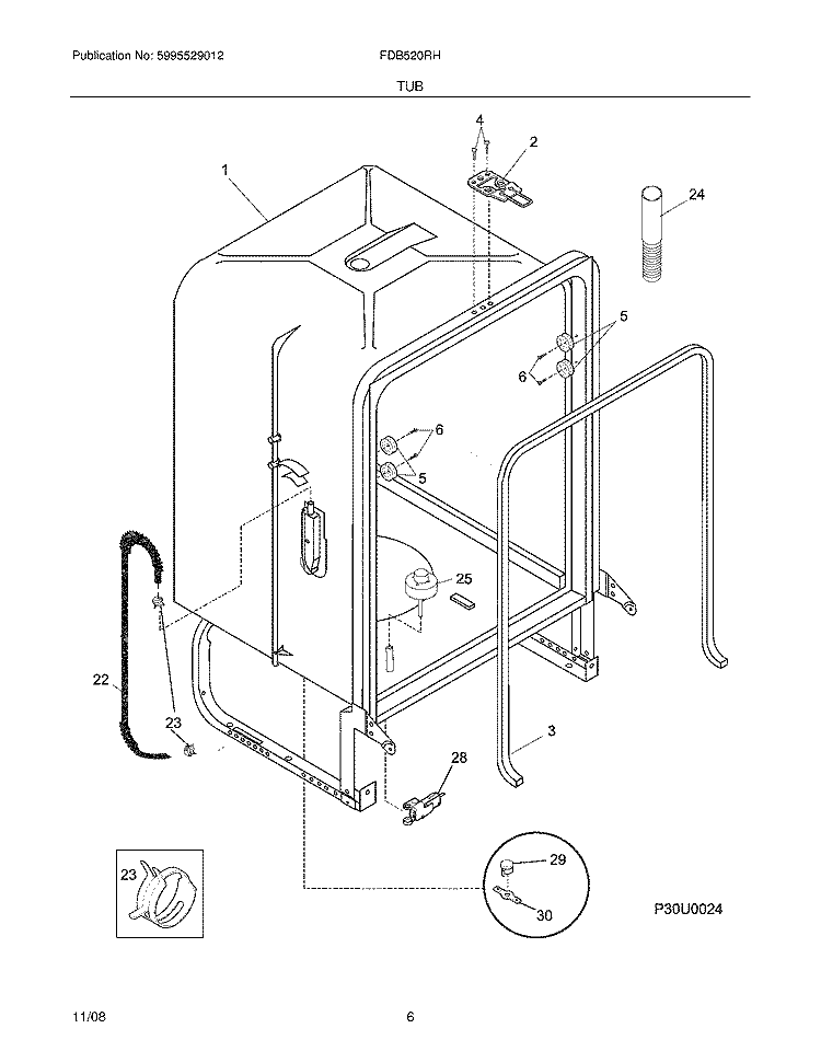TUB Diagram and Parts List for FDB520RHB0  Frigidaire Dishwasher