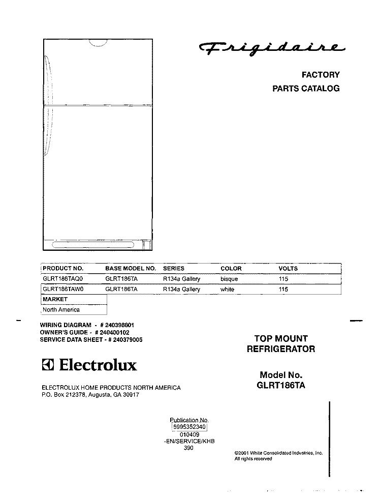 COVER Diagram and Parts List for GLRT186TAQ0  Frigidaire Refrigerator