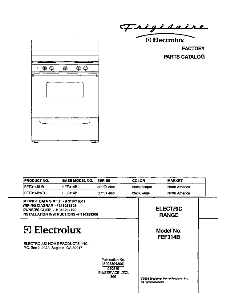 COVER Diagram and Parts List for FEF314BWB  Frigidaire Range