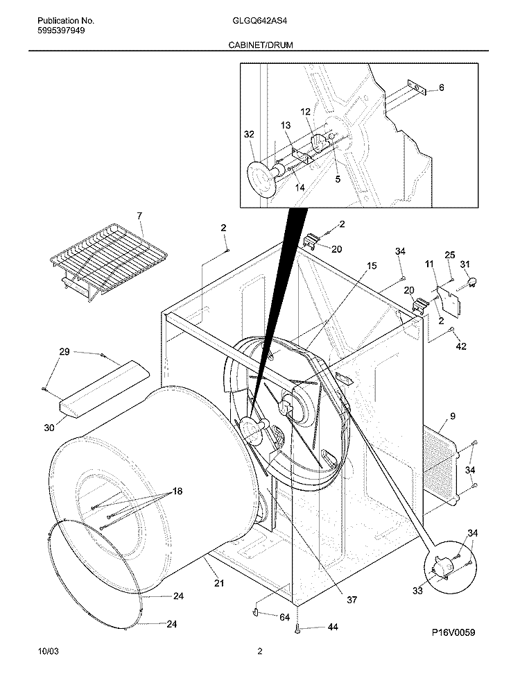 CABINET / DRUM Diagram and Parts List for GLGQ642AS4  Frigidaire Dryer