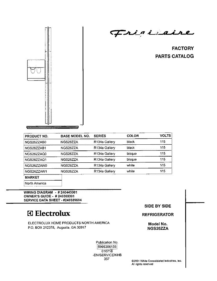 COVER Diagram and Parts List for NGS26ZZAB1  Frigidaire Refrigerator