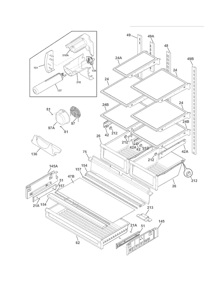 Shelves Diagram and Parts List for FPHF2399MF5  Frigidaire Refrigerator