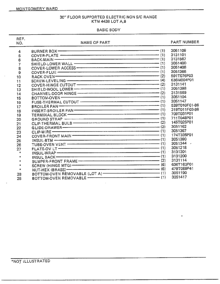 30" Floor/basic Body Page 2 Diagram and Parts List for 4438A  Frigidaire Range