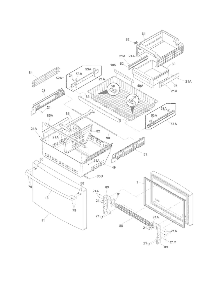 Freezer Drawer, Baskets Diagram and Parts List for EI28BS80KS3  Electrolux Refrigerator