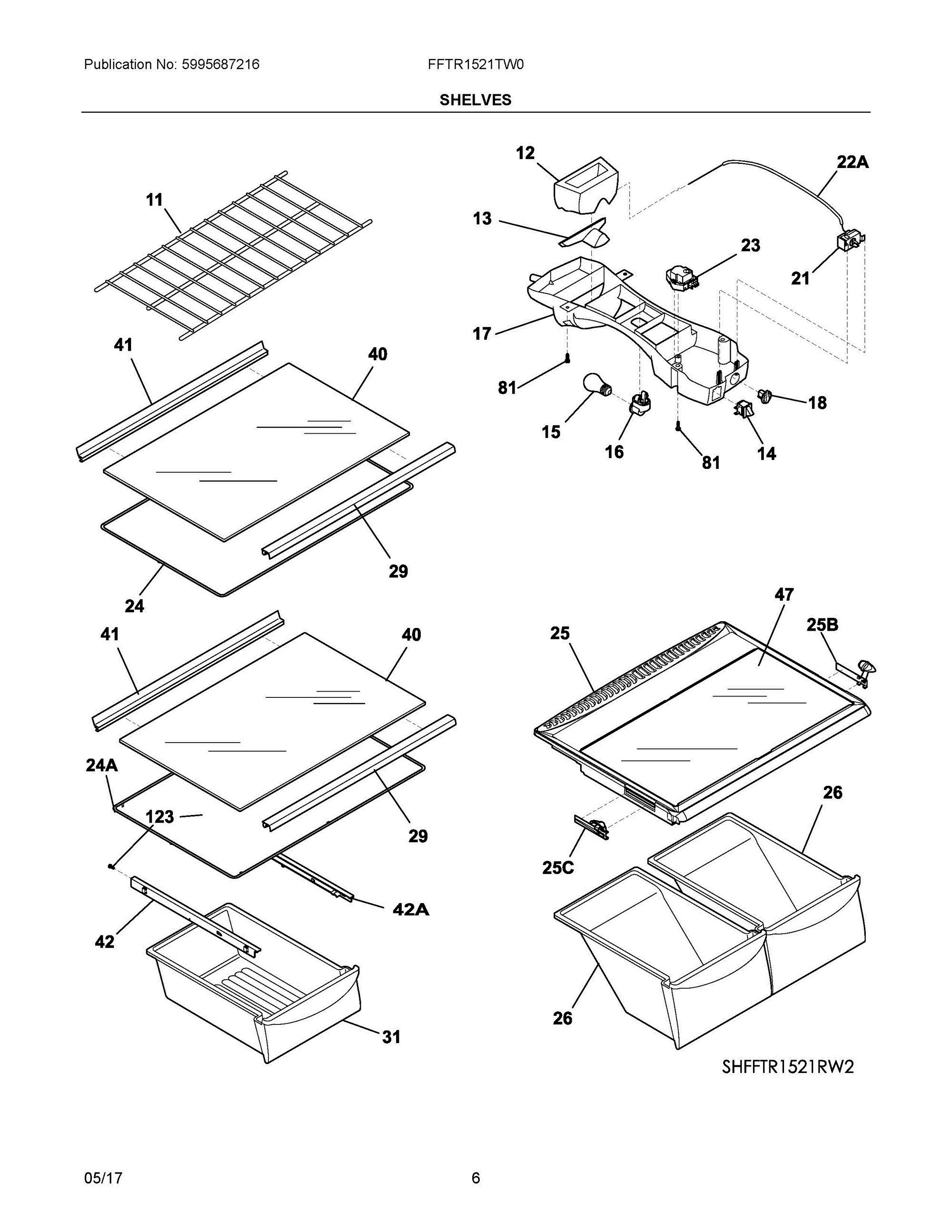 04 - SHELVES Diagram and Parts List for FFTR1521TW0  Frigidaire Refrigerator