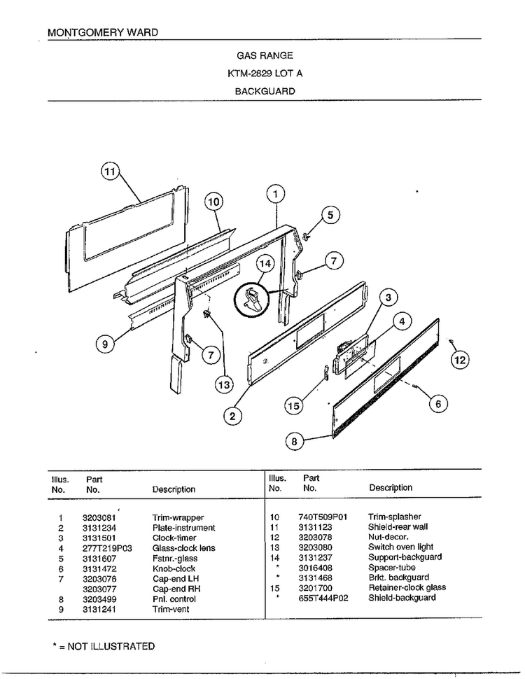 Gas Range/backguard Diagram and Parts List for 2829A  Frigidaire Range