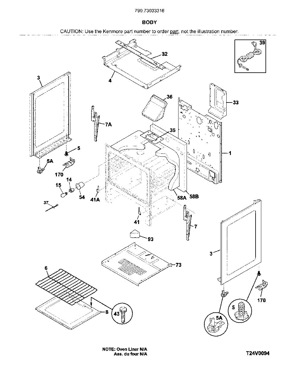 Body Diagram and Parts List for 79073033316  Kenmore Range