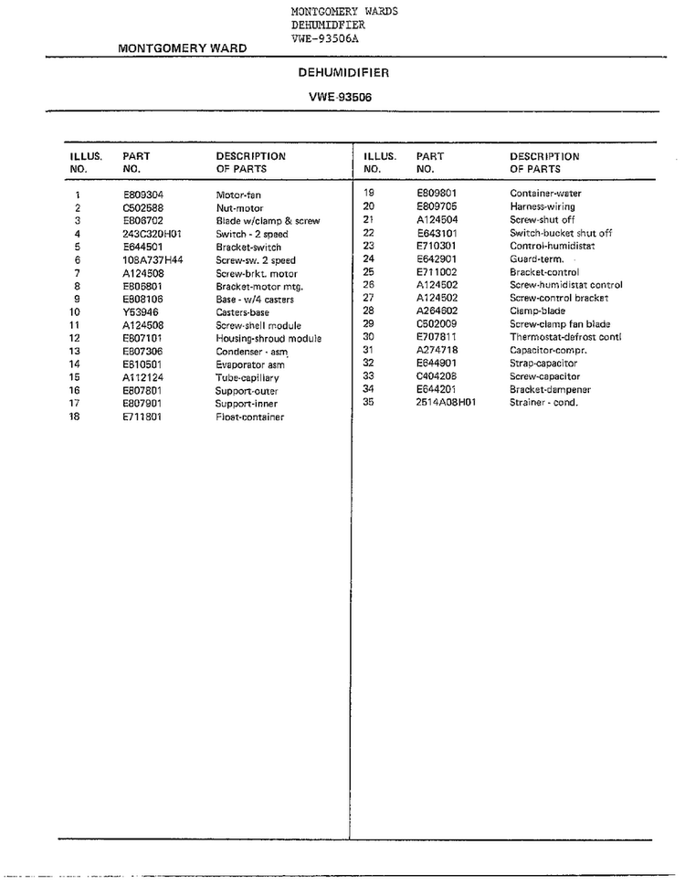 Dehumidifier Page 3 Diagram and Parts List for 93506A  Frigidaire Dehumidifier