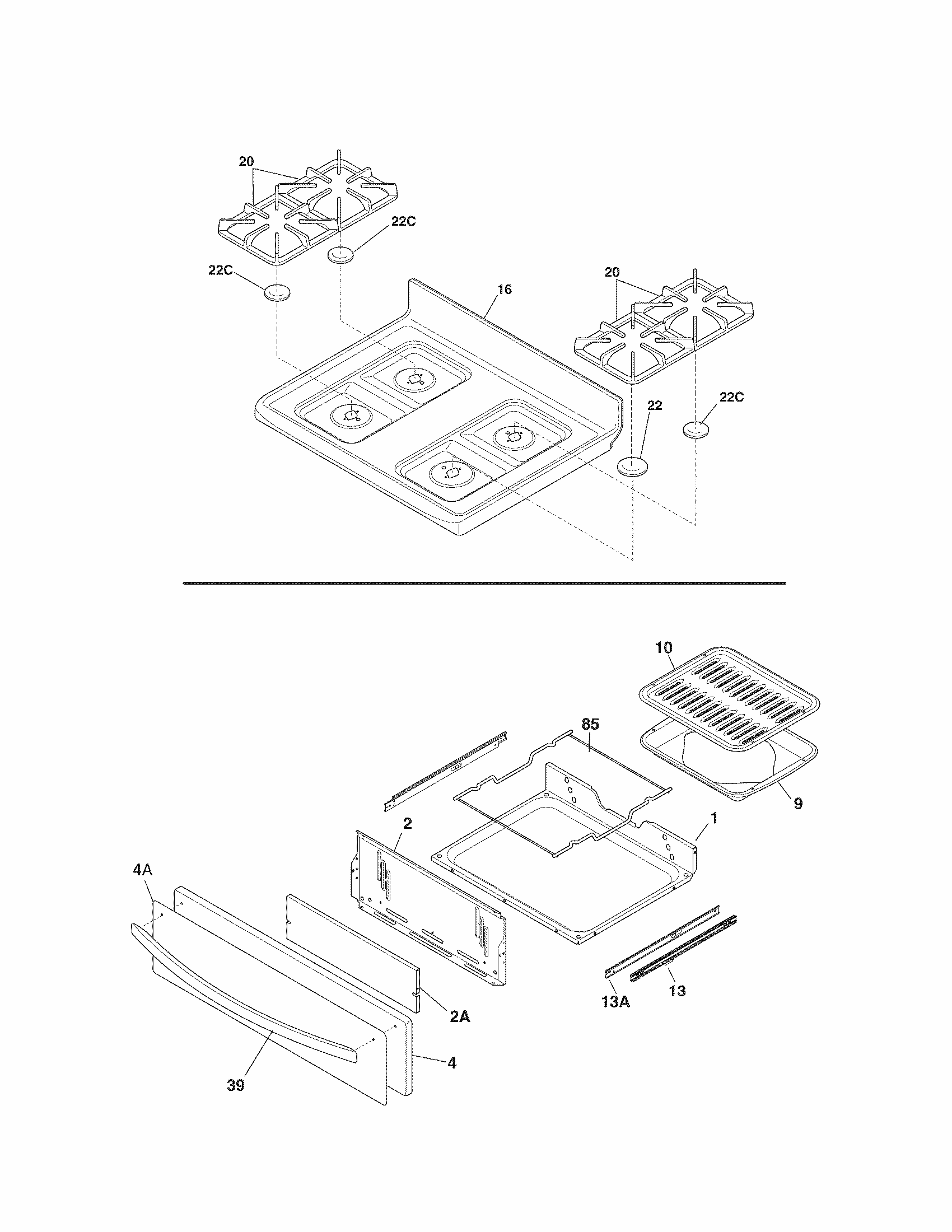 Top/drawer Diagram and Parts List for 79073233311  Kenmore Range